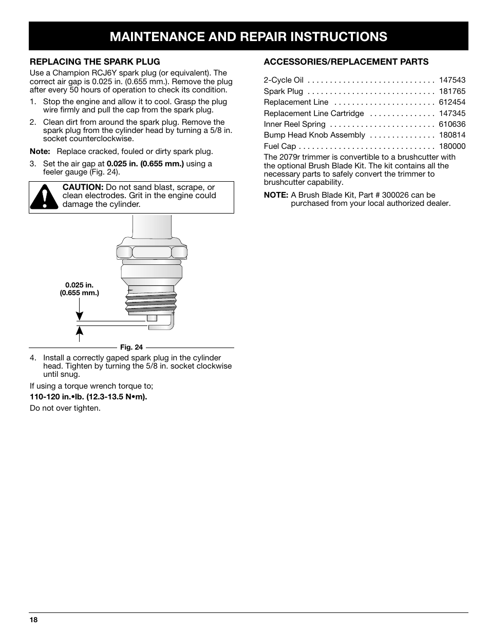 Maintenance and repair instructions | Ryobi 2079r User Manual | Page 18 / 24