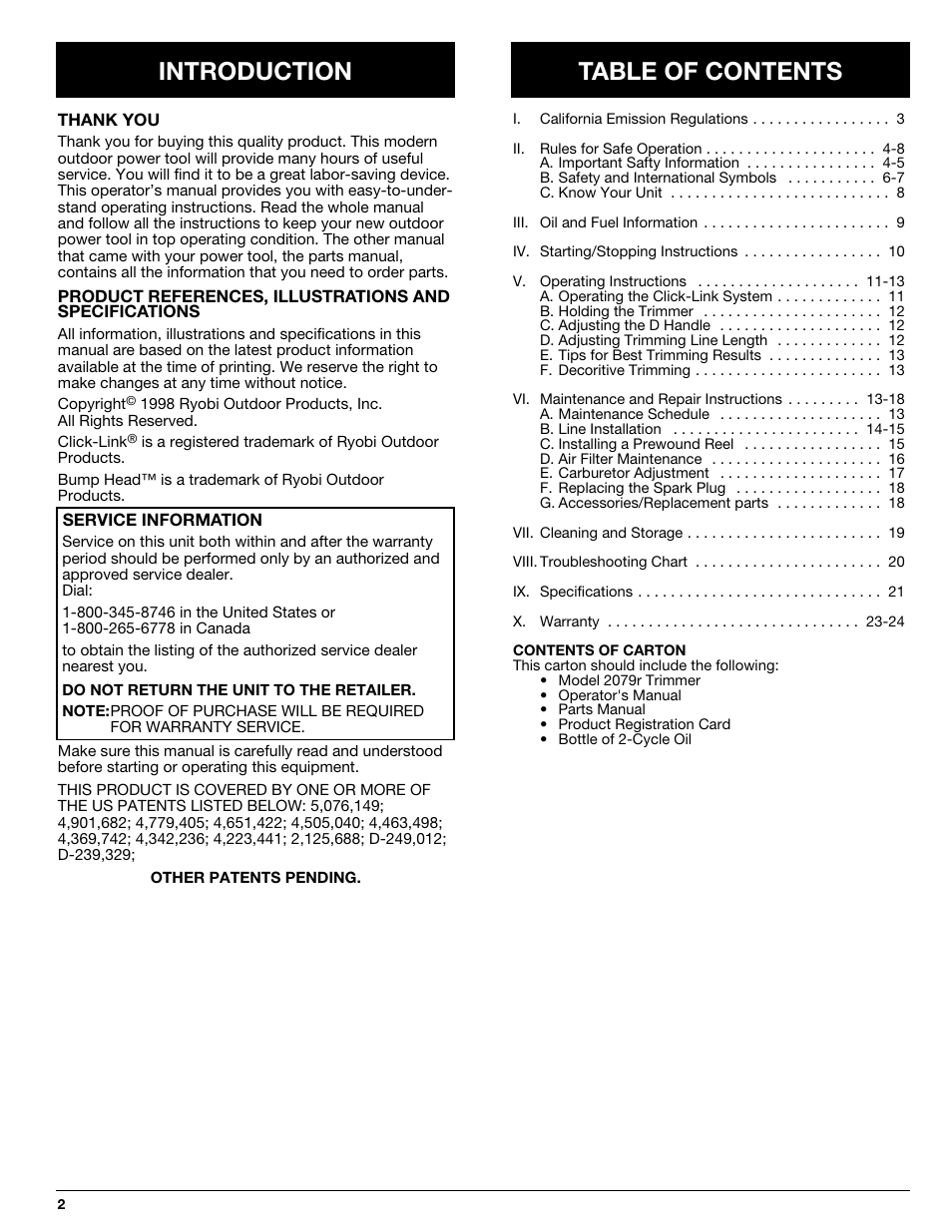 Introduction table of contents | Ryobi 2079r User Manual | Page 2 / 24