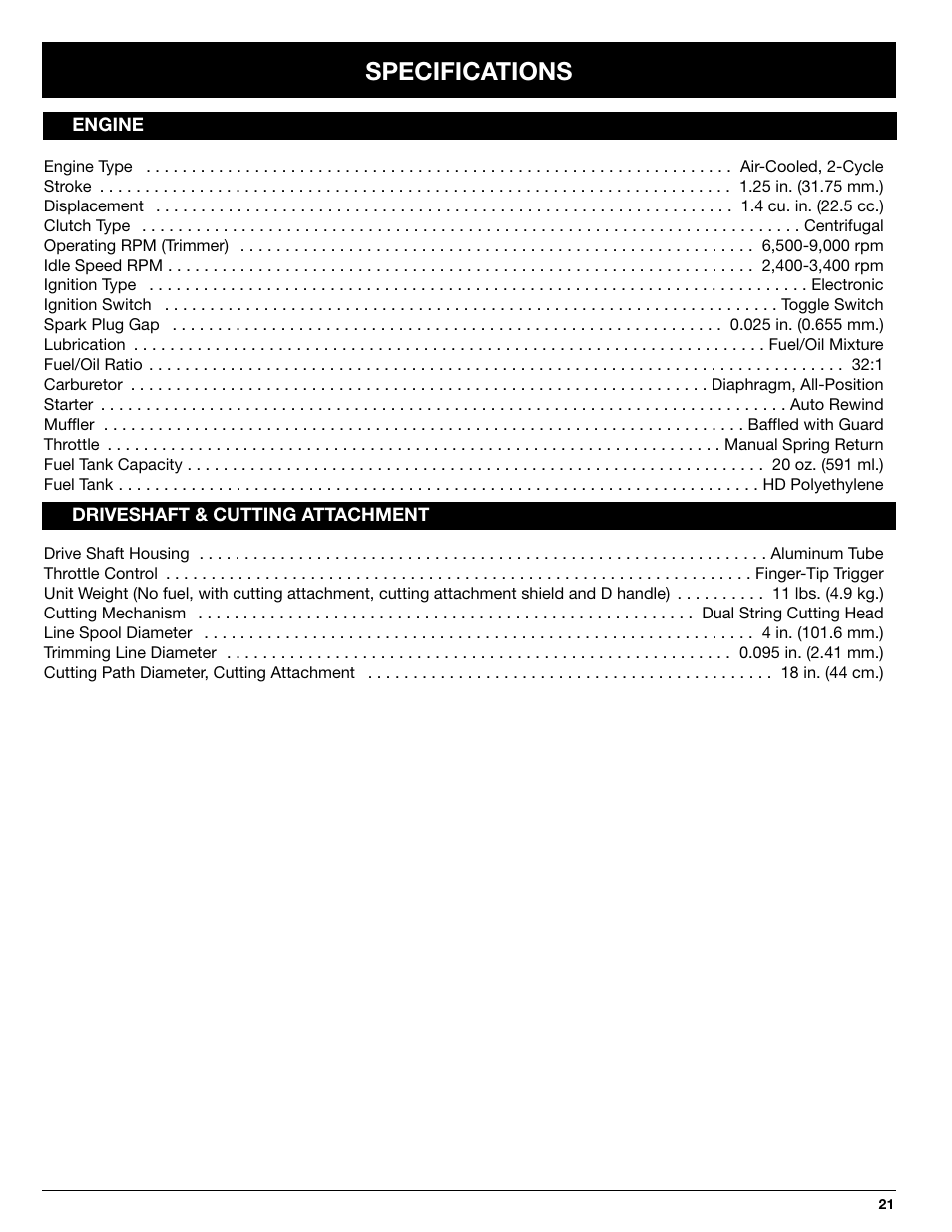 Specifications | Ryobi 2079r User Manual | Page 21 / 24