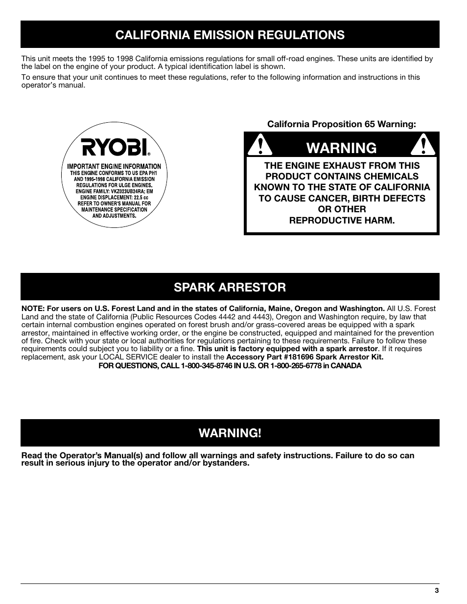 Warning, California emission regulations, Spark arrestor warning | Ryobi 2079r User Manual | Page 3 / 24