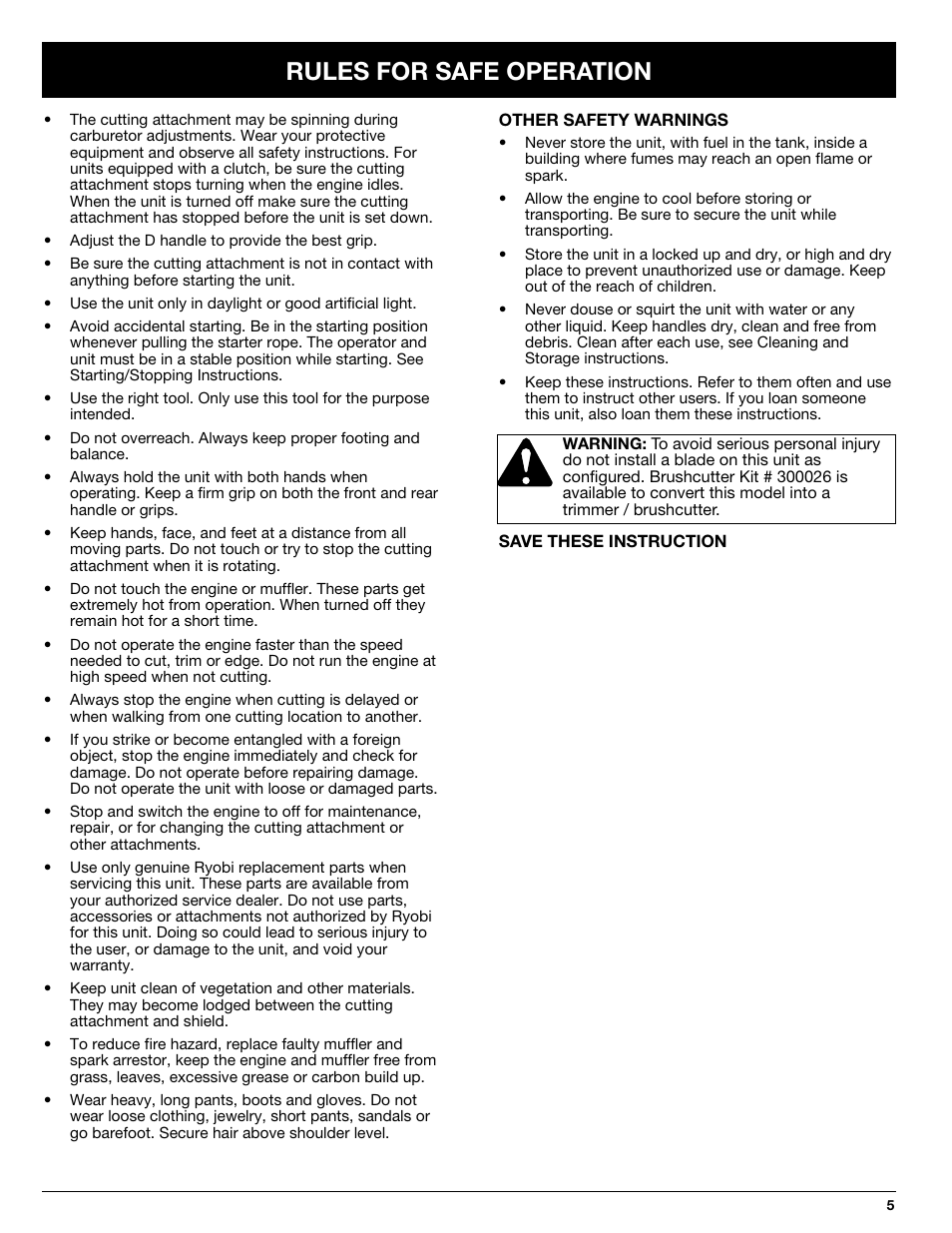 Rules for safe operation | Ryobi 2079r User Manual | Page 5 / 24