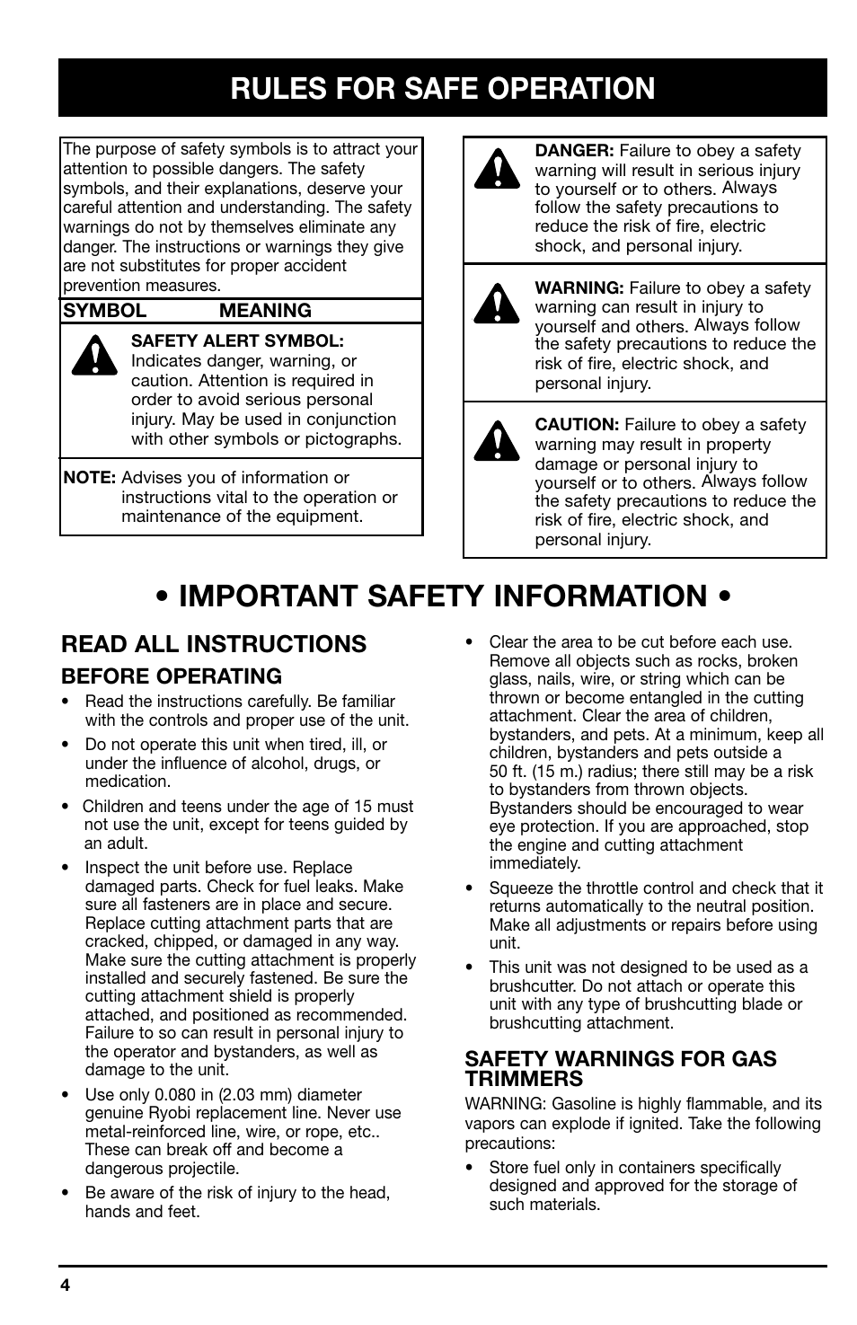 Rules for safe operation, Important safety information, Read all instructions | Safety warnings for gas trimmers, Before operating | Ryobi 775r User Manual | Page 4 / 28