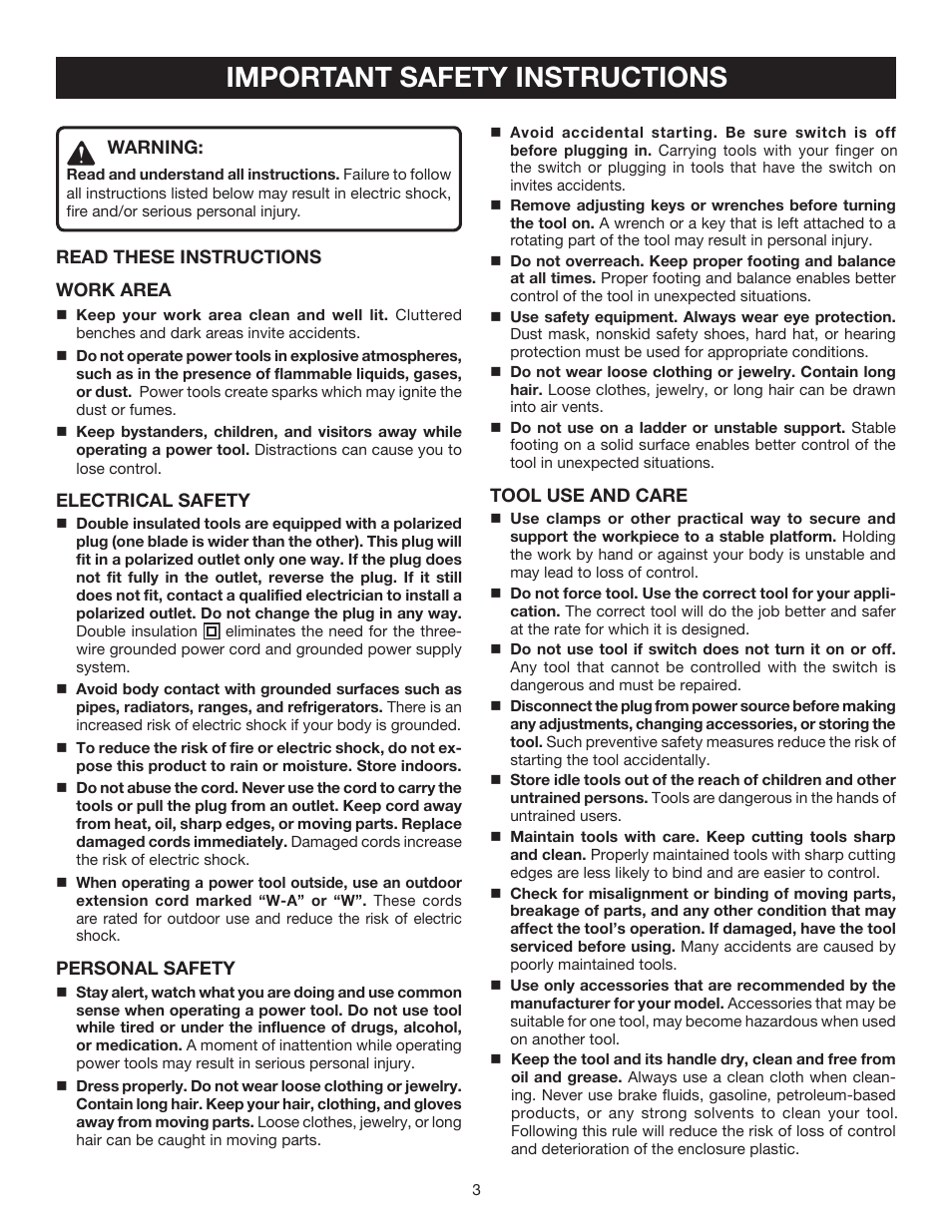 Important safety instructions | Ryobi HG500 User Manual | Page 3 / 14