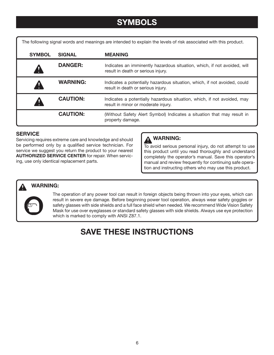 Symbols, Save these instructions | Ryobi HG500 User Manual | Page 6 / 14