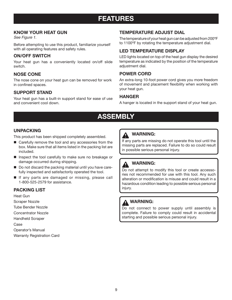 Features, Assembly | Ryobi HG500 User Manual | Page 9 / 14