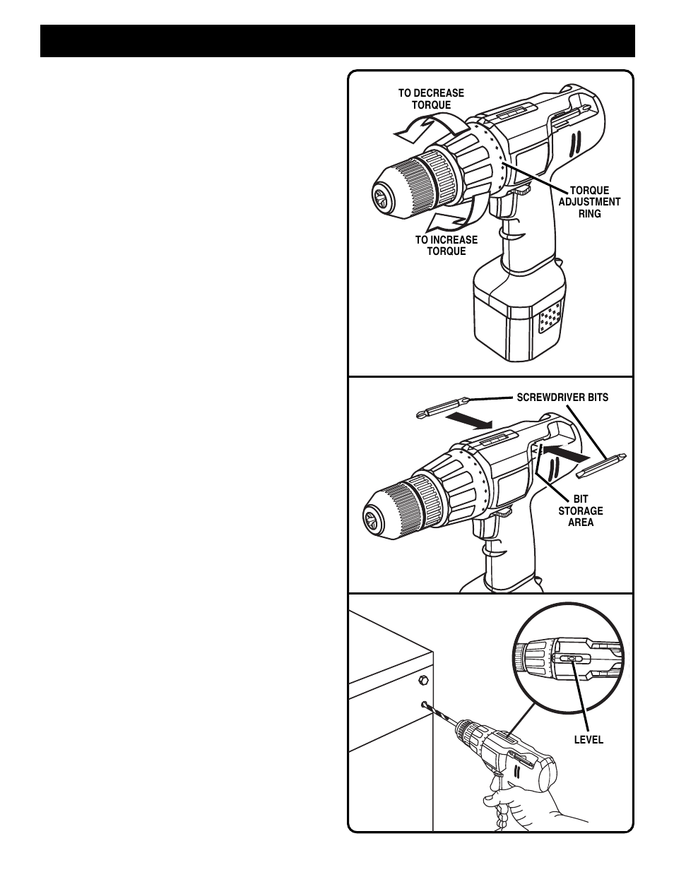 Operation, Removing bits, Screwdriving | Bit storage, Level drilling, Torque adjustment | Ryobi HP1201 User Manual | Page 10 / 14