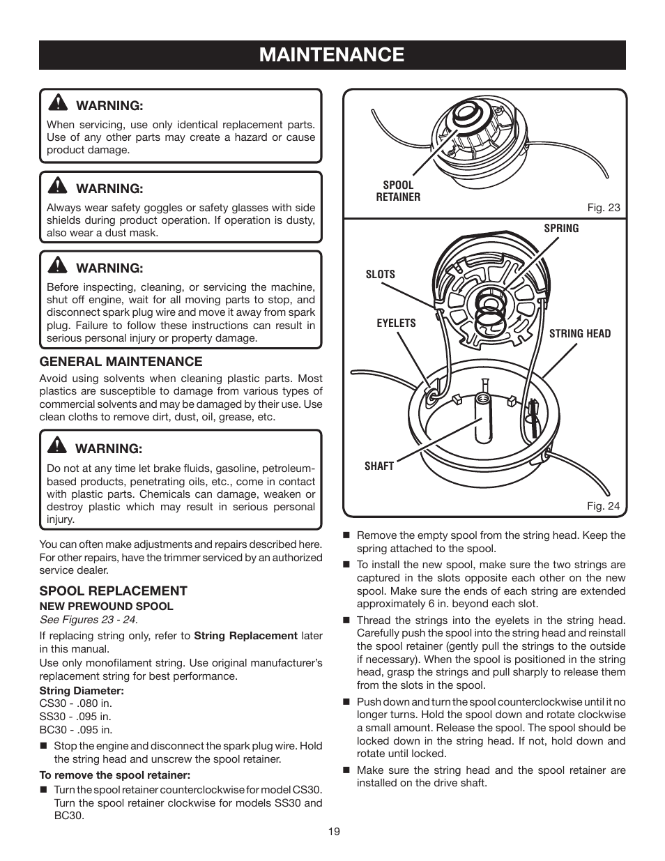 Maintenance | Ryobi RY30540 User Manual | Page 19 / 26