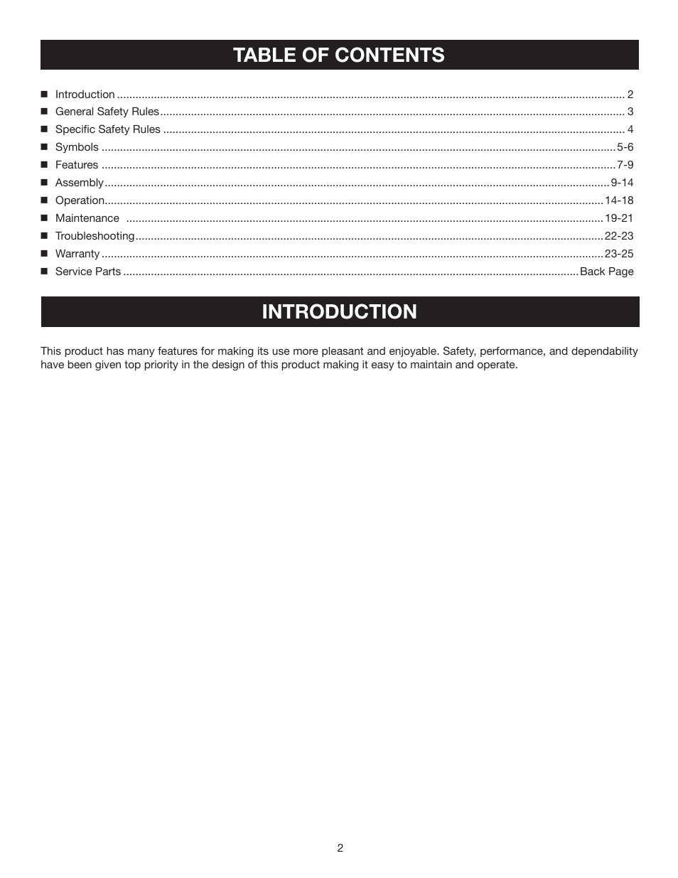 Table of contents introduction | Ryobi RY30540 User Manual | Page 2 / 26