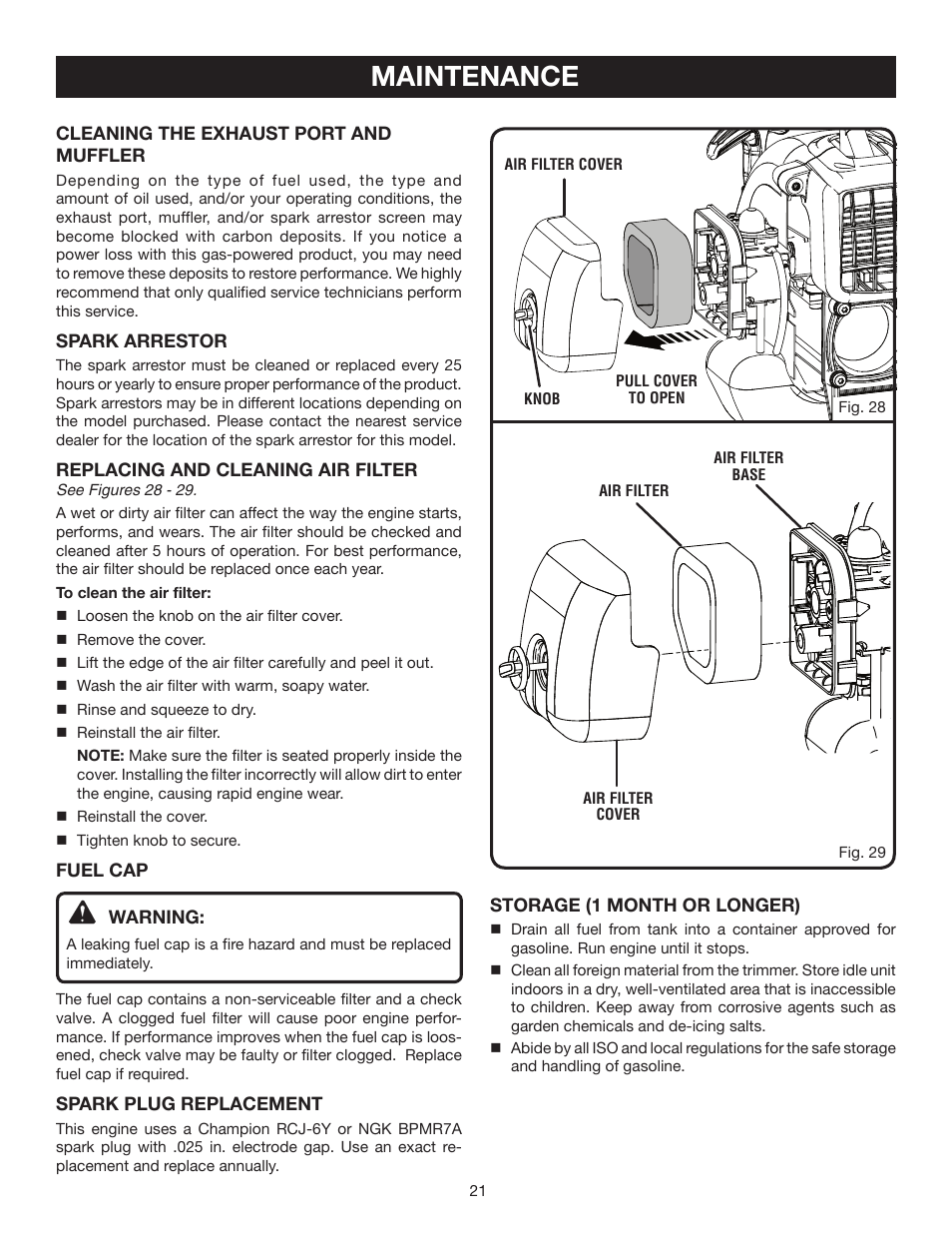 Maintenance | Ryobi RY30540 User Manual | Page 21 / 26