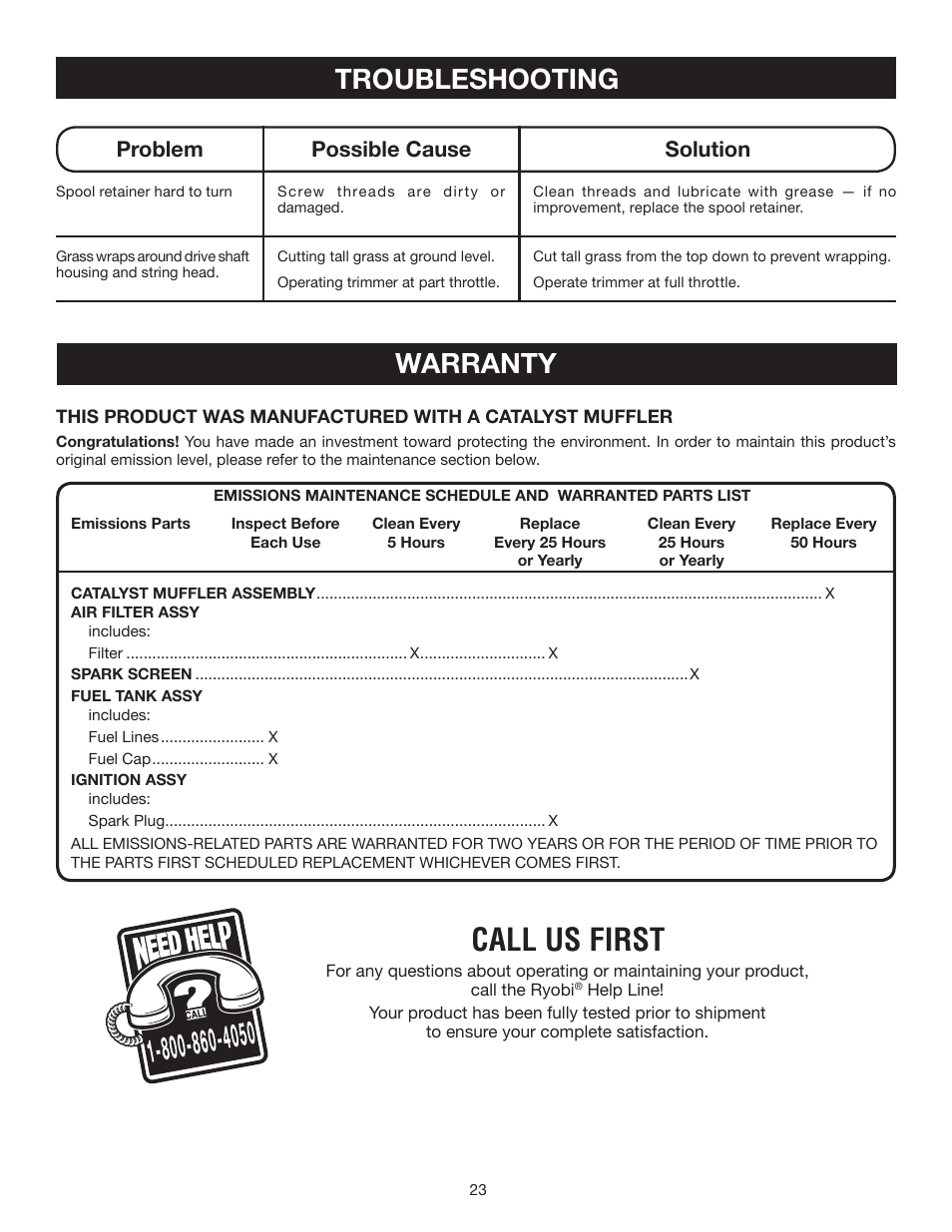 Call us first, Troubleshooting, Warranty | Problem possible cause solution | Ryobi RY30540 User Manual | Page 23 / 26