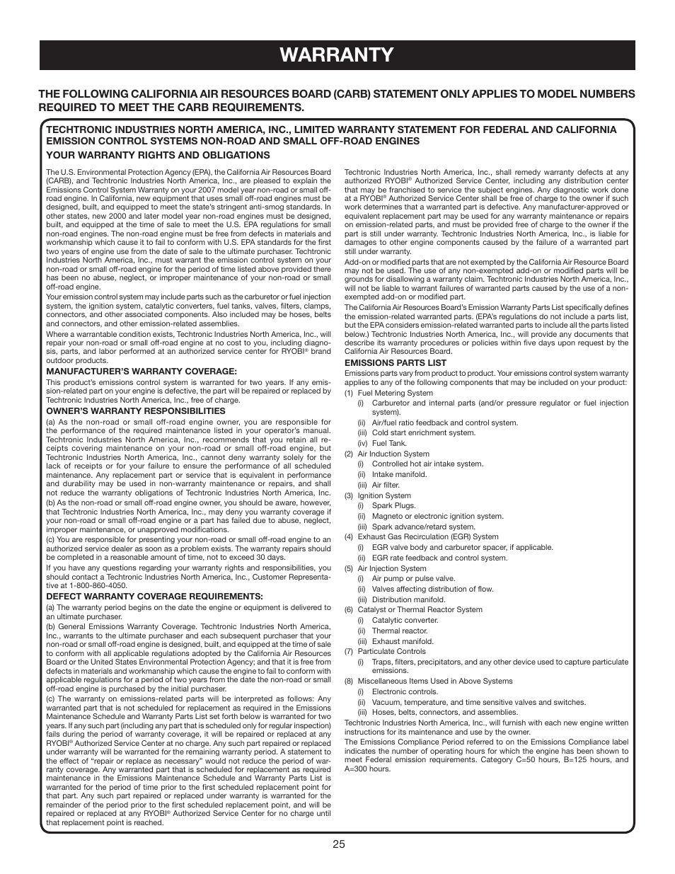 Warranty | Ryobi RY30540 User Manual | Page 25 / 26