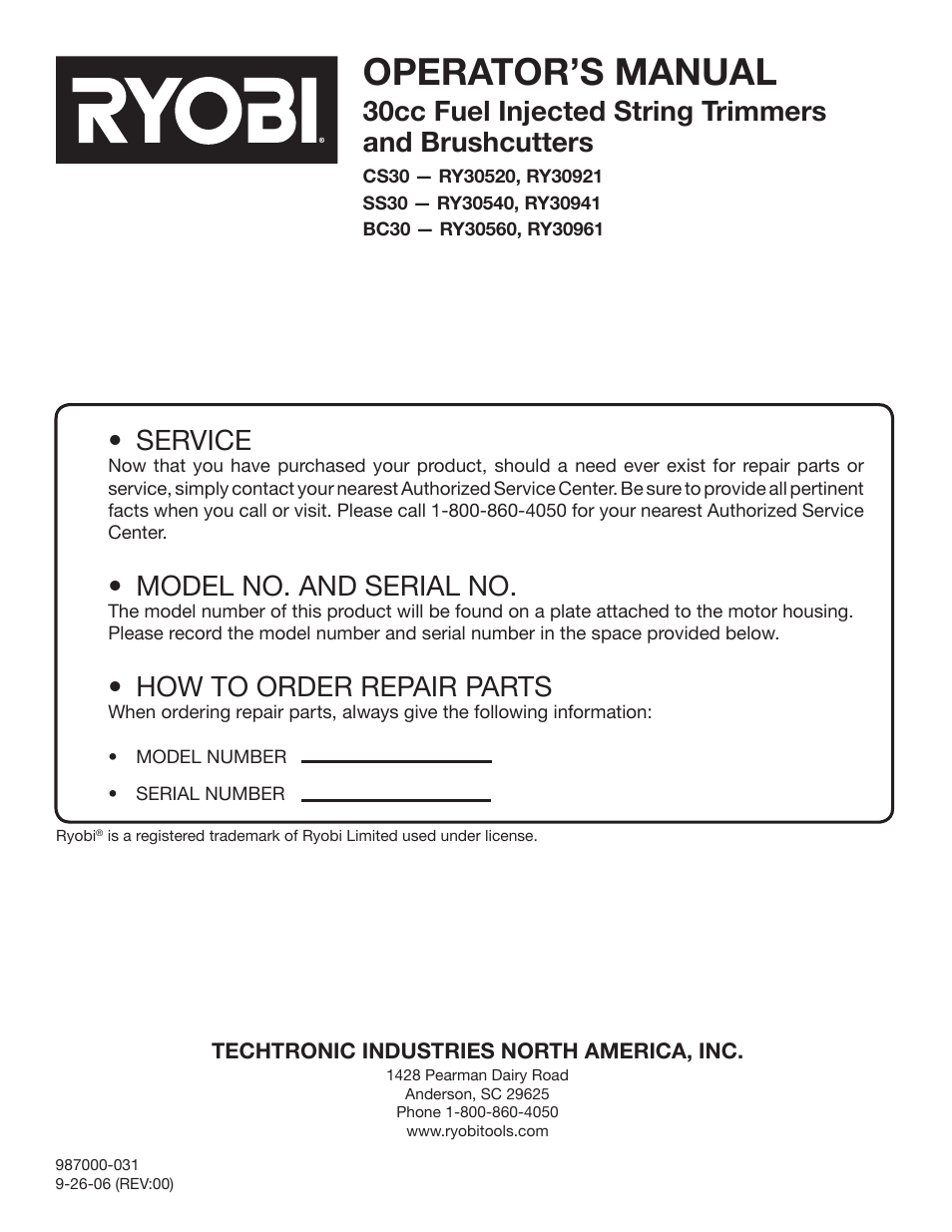 Operator’s manual, Service, Model no. and serial no | How to order repair parts | Ryobi RY30540 User Manual | Page 26 / 26