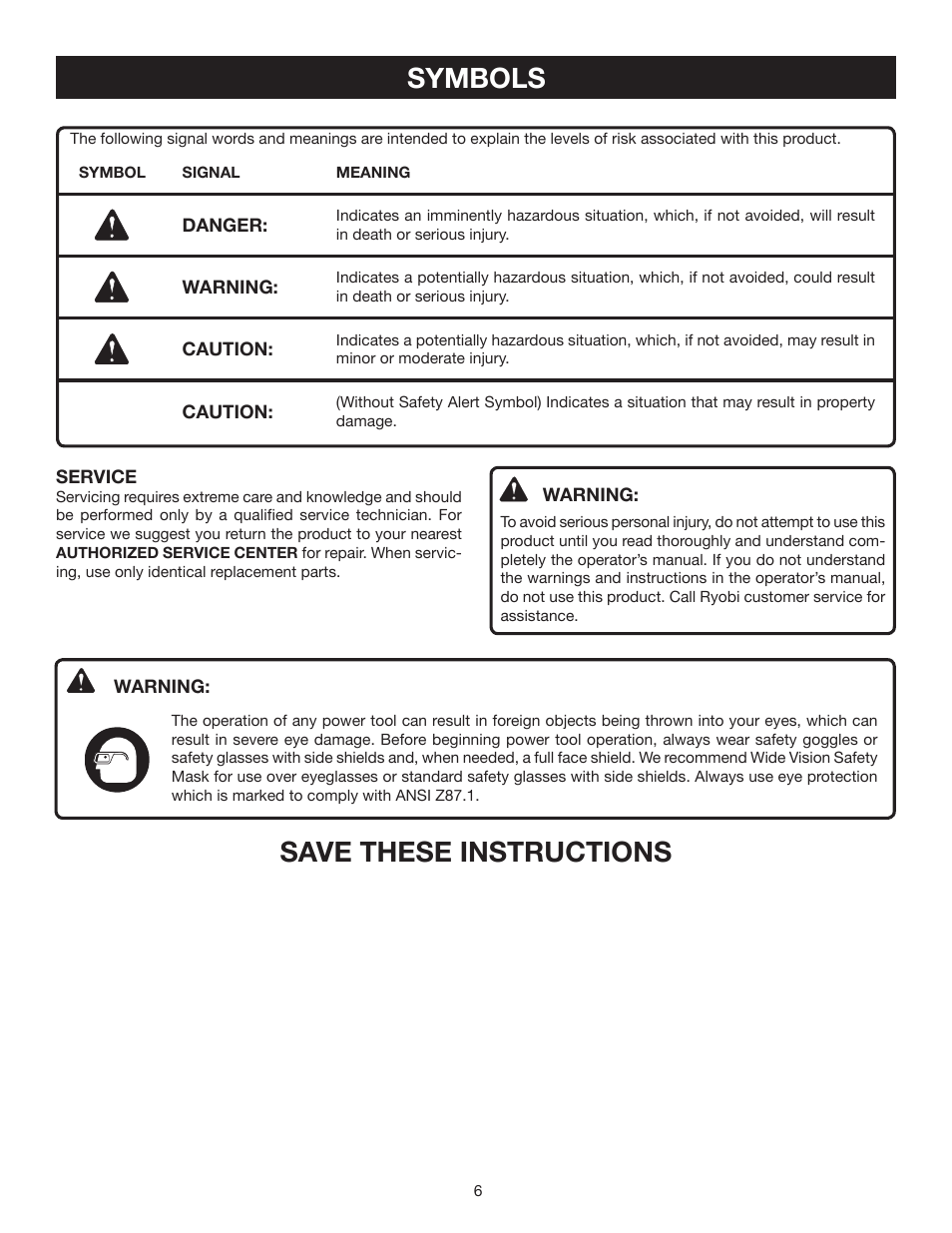 Symbols, Save these instructions | Ryobi RY30540 User Manual | Page 6 / 26