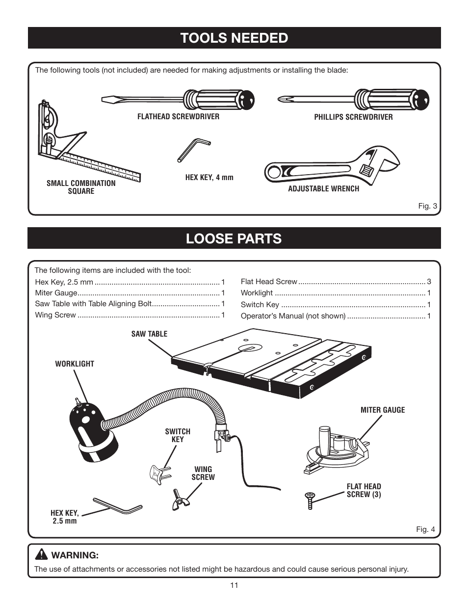 Tools needed, Loose parts | Ryobi BS903 User Manual | Page 11 / 26
