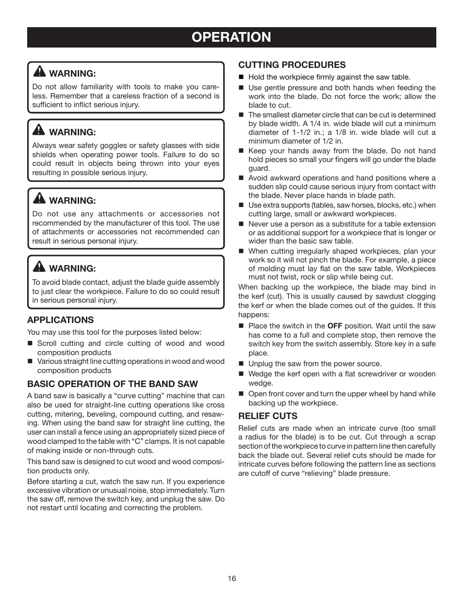Operation | Ryobi BS903 User Manual | Page 16 / 26