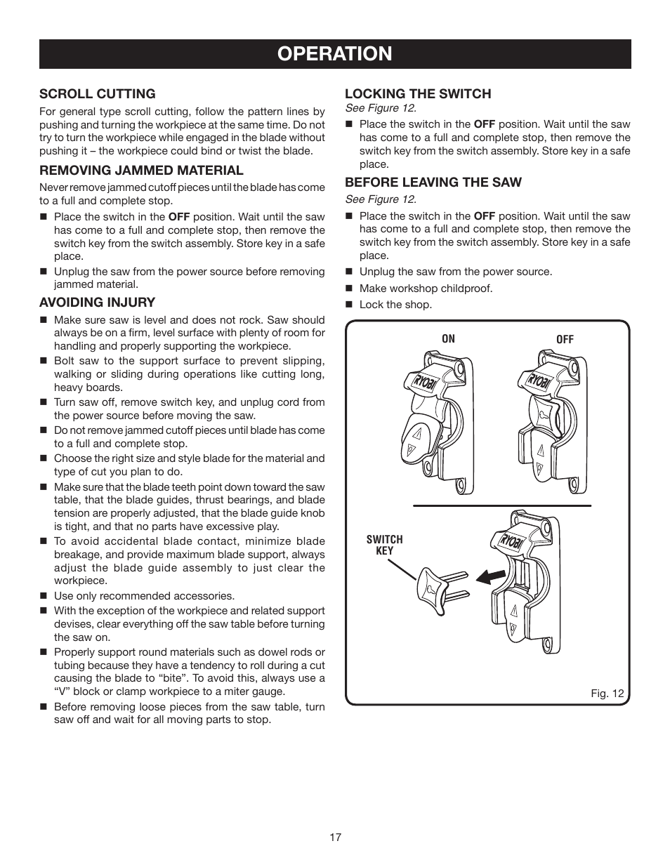 Operation | Ryobi BS903 User Manual | Page 17 / 26