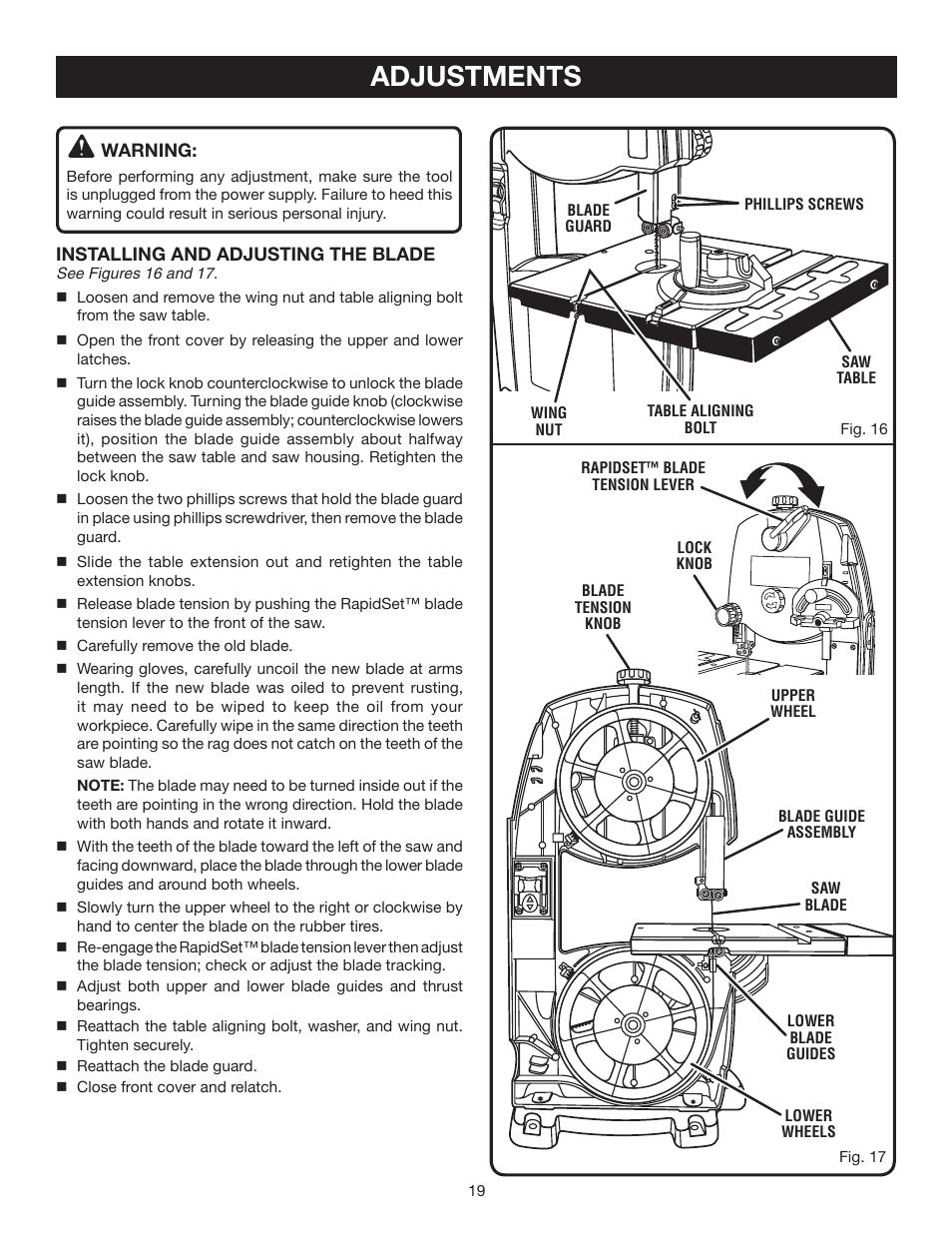 Adjustments | Ryobi BS903 User Manual | Page 19 / 26