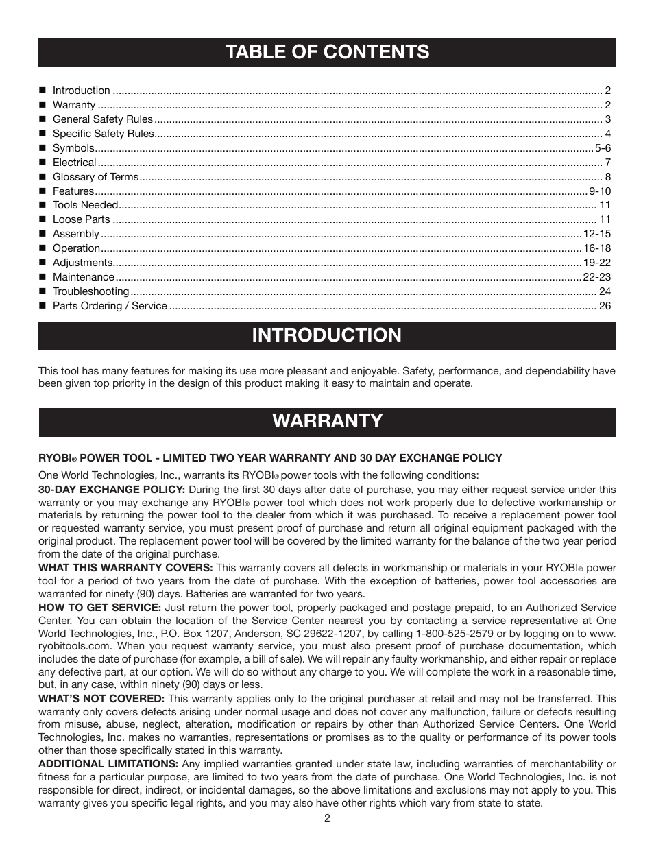 Table of contents introduction, Warranty | Ryobi BS903 User Manual | Page 2 / 26