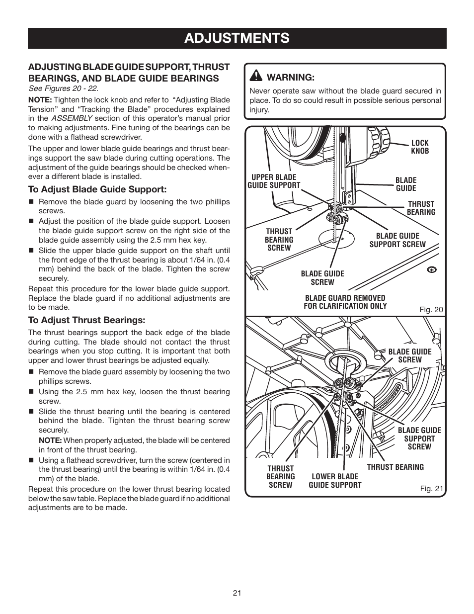 Adjustments | Ryobi BS903 User Manual | Page 21 / 26