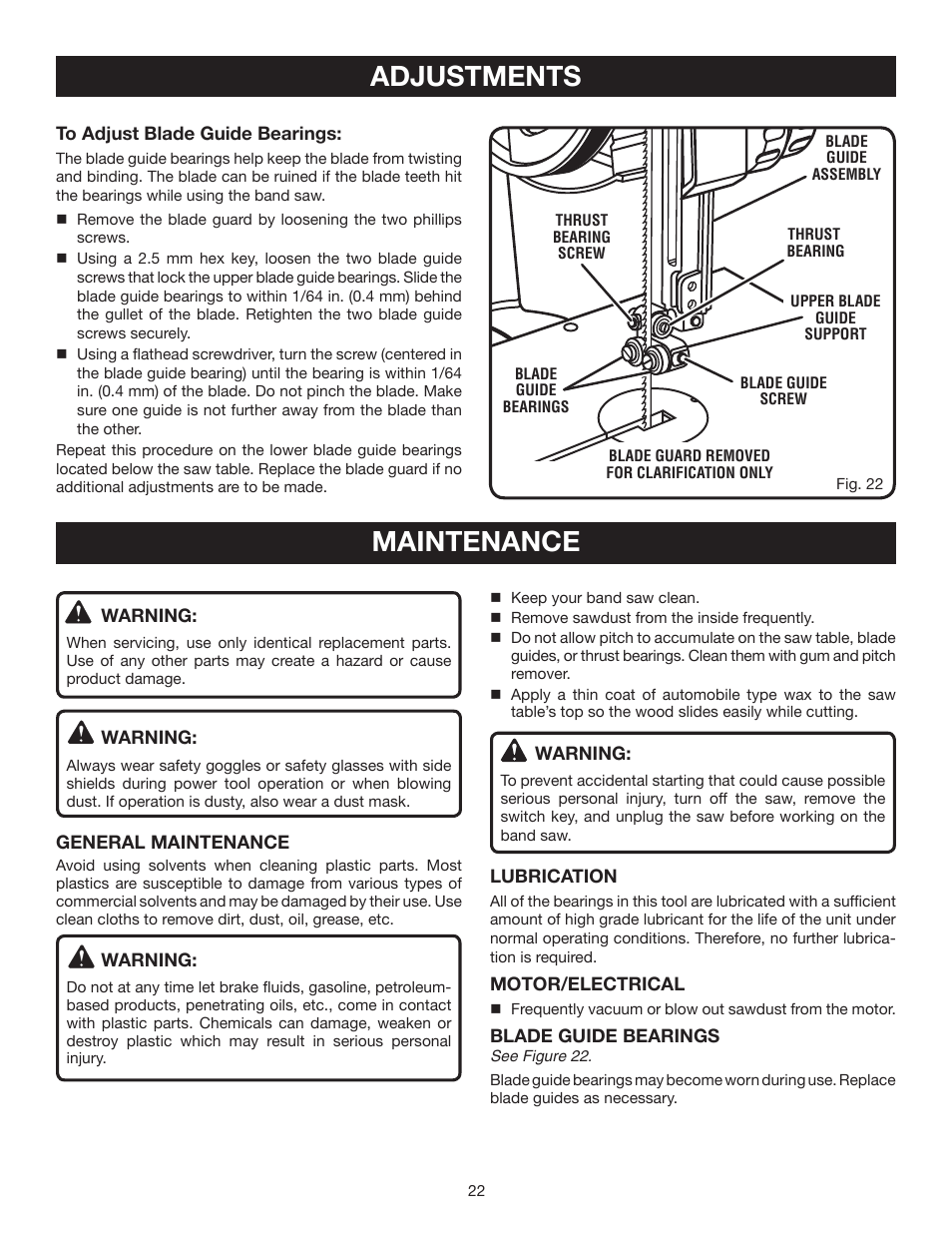 Maintenance adjustments | Ryobi BS903 User Manual | Page 22 / 26