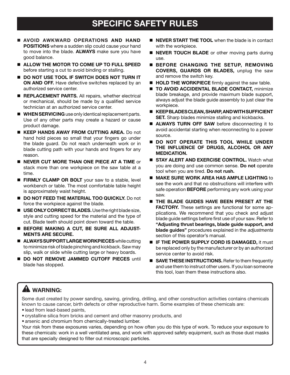 Specific safety rules | Ryobi BS903 User Manual | Page 4 / 26