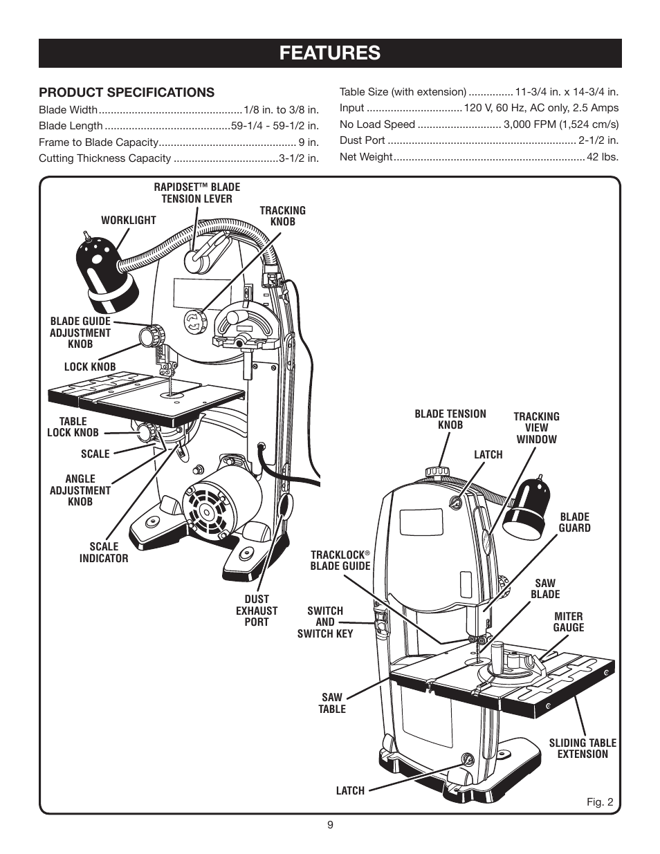 Features | Ryobi BS903 User Manual | Page 9 / 26