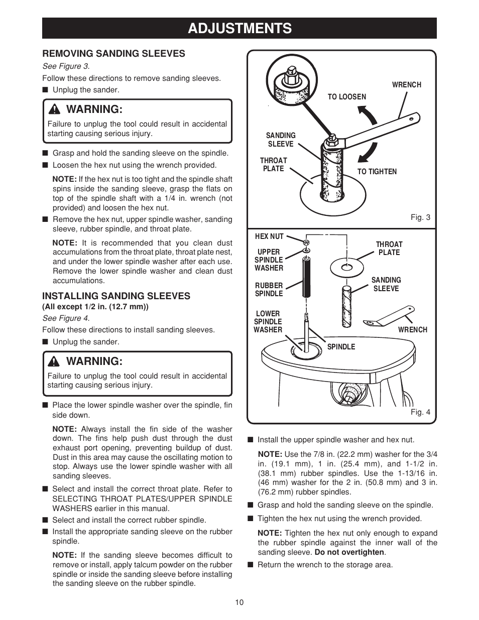 Adjustments, Warning | Ryobi OSS500 User Manual | Page 10 / 16