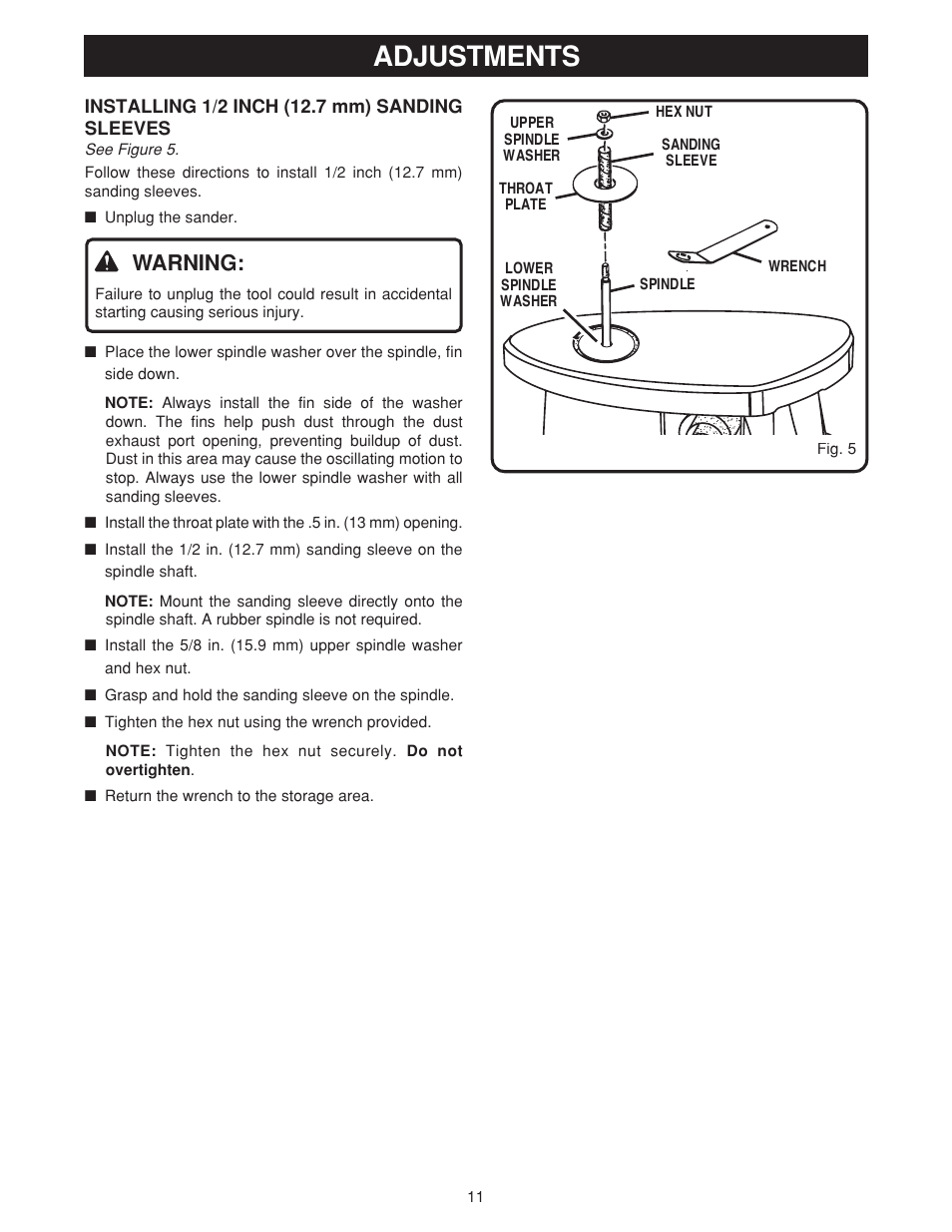 Adjustments, Warning | Ryobi OSS500 User Manual | Page 11 / 16