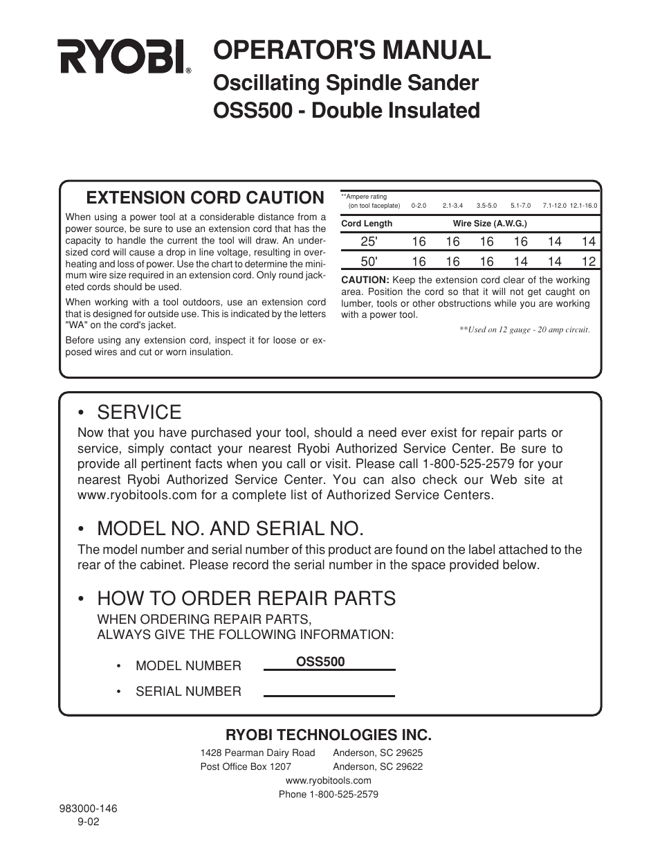 Operator's manual, Service, Model no. and serial no | How to order repair parts, Extension cord caution, Ryobi technologies inc | Ryobi OSS500 User Manual | Page 16 / 16