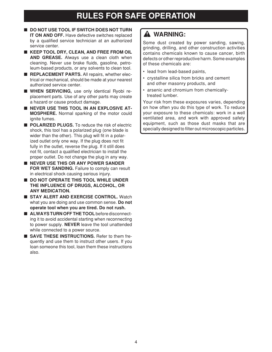 Rules for safe operation, Warning | Ryobi OSS500 User Manual | Page 4 / 16