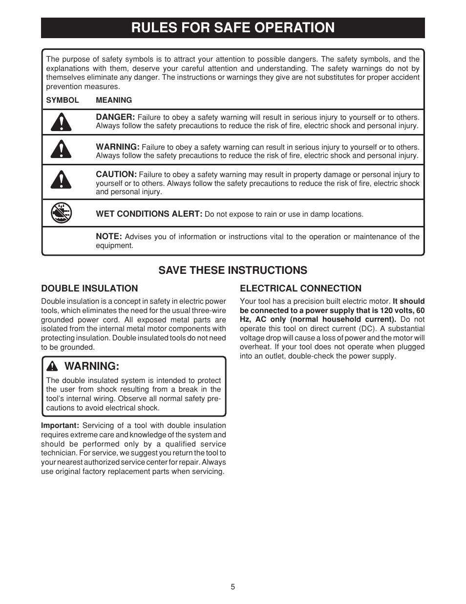 Rules for safe operation, Save these instructions, Warning | Ryobi OSS500 User Manual | Page 5 / 16