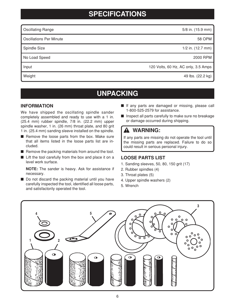 Specifications, Unpacking, Warning | Ryobi OSS500 User Manual | Page 6 / 16