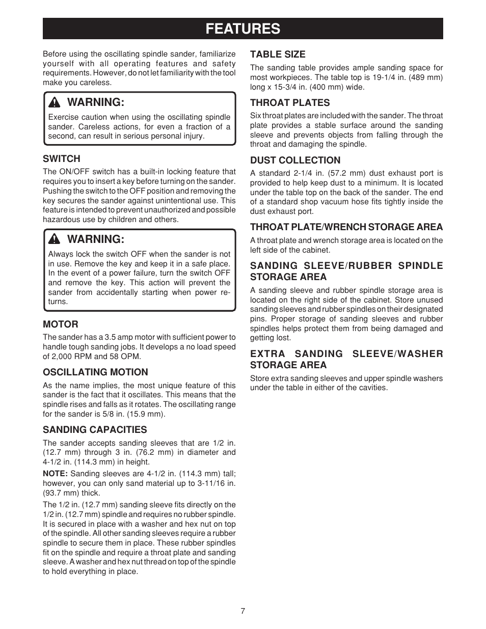 Features, Warning | Ryobi OSS500 User Manual | Page 7 / 16