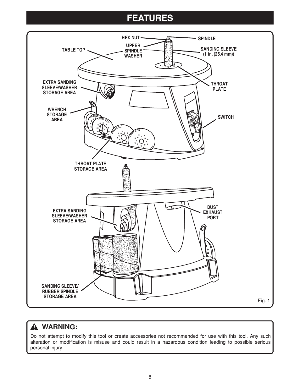 Features, Warning | Ryobi OSS500 User Manual | Page 8 / 16