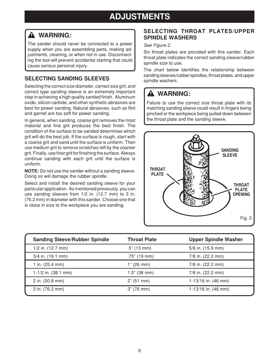 Adjustments, Warning | Ryobi OSS500 User Manual | Page 9 / 16
