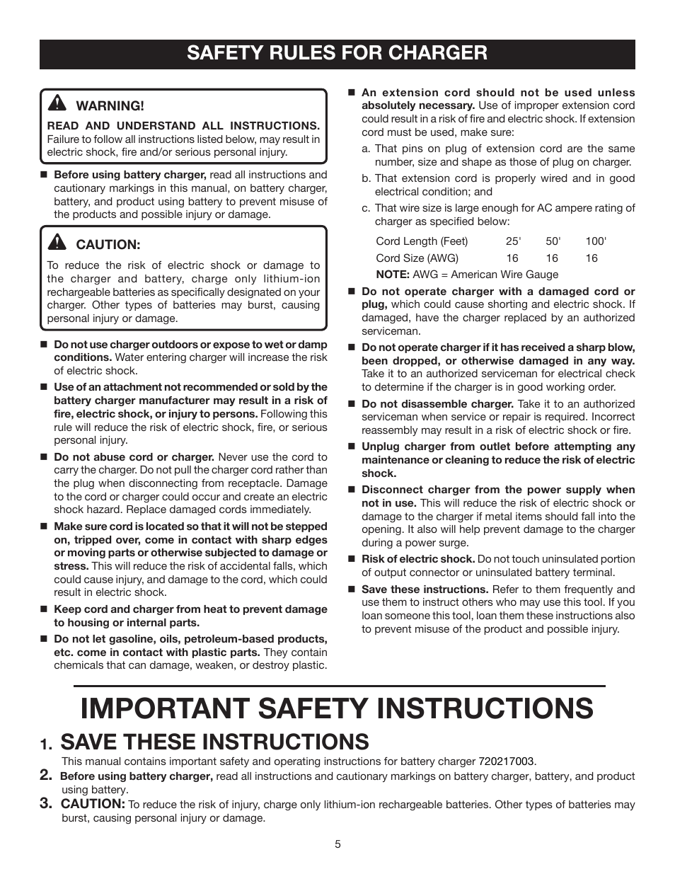 Important safety instructions, Save these instructions, Safety rules for charger | Ryobi HP41LK User Manual | Page 5 / 14