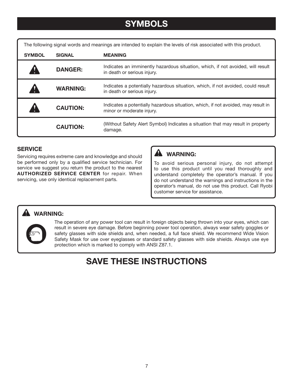 Symbols, Save these instructions | Ryobi HP41LK User Manual | Page 7 / 14