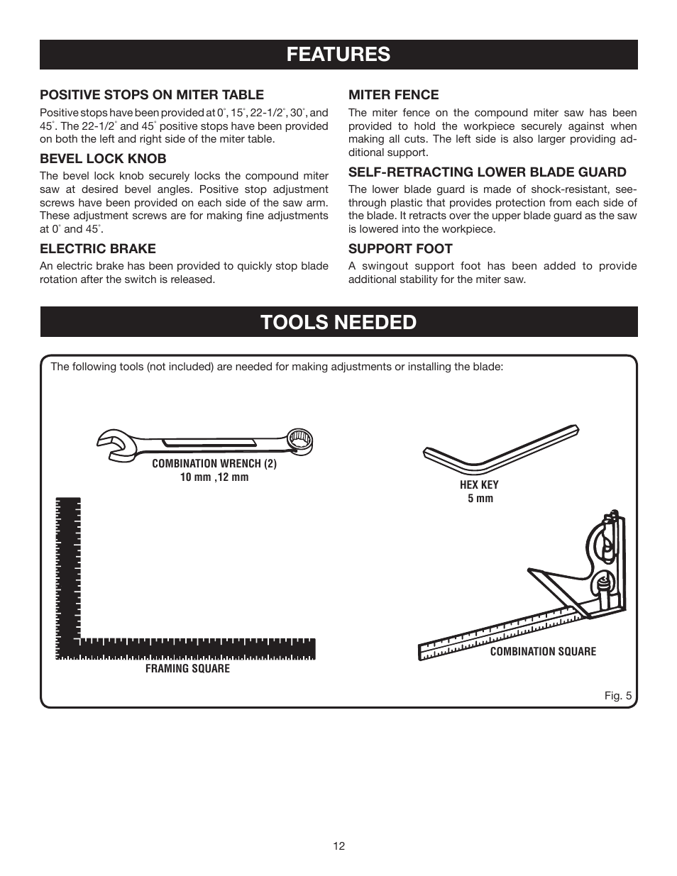 Features, Tools needed | Ryobi ts1341 User Manual | Page 12 / 30