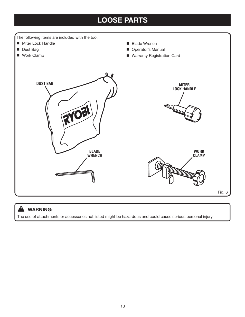 Loose parts | Ryobi ts1341 User Manual | Page 13 / 30