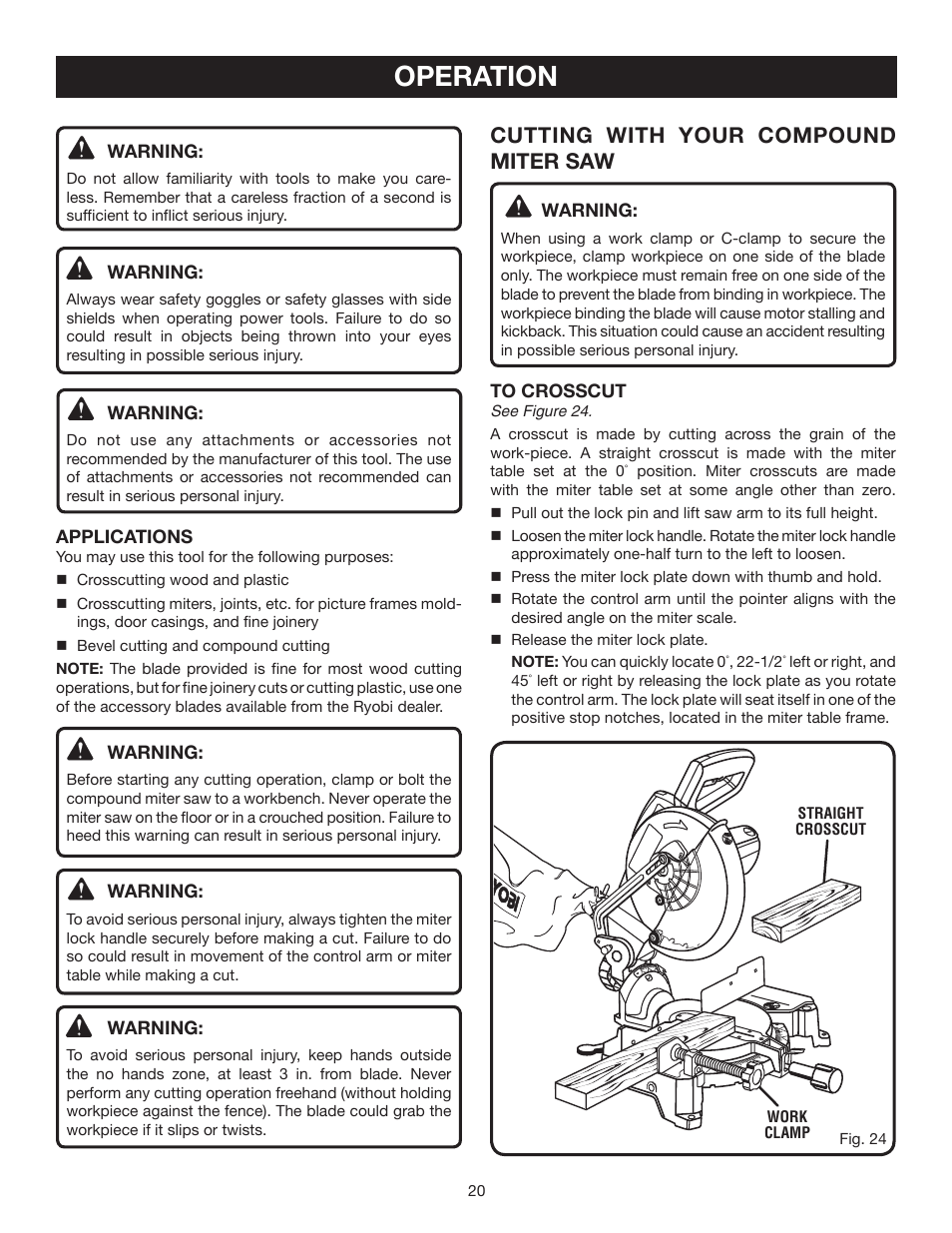 Operation, Cutting with your compound miter saw | Ryobi ts1341 User Manual | Page 20 / 30