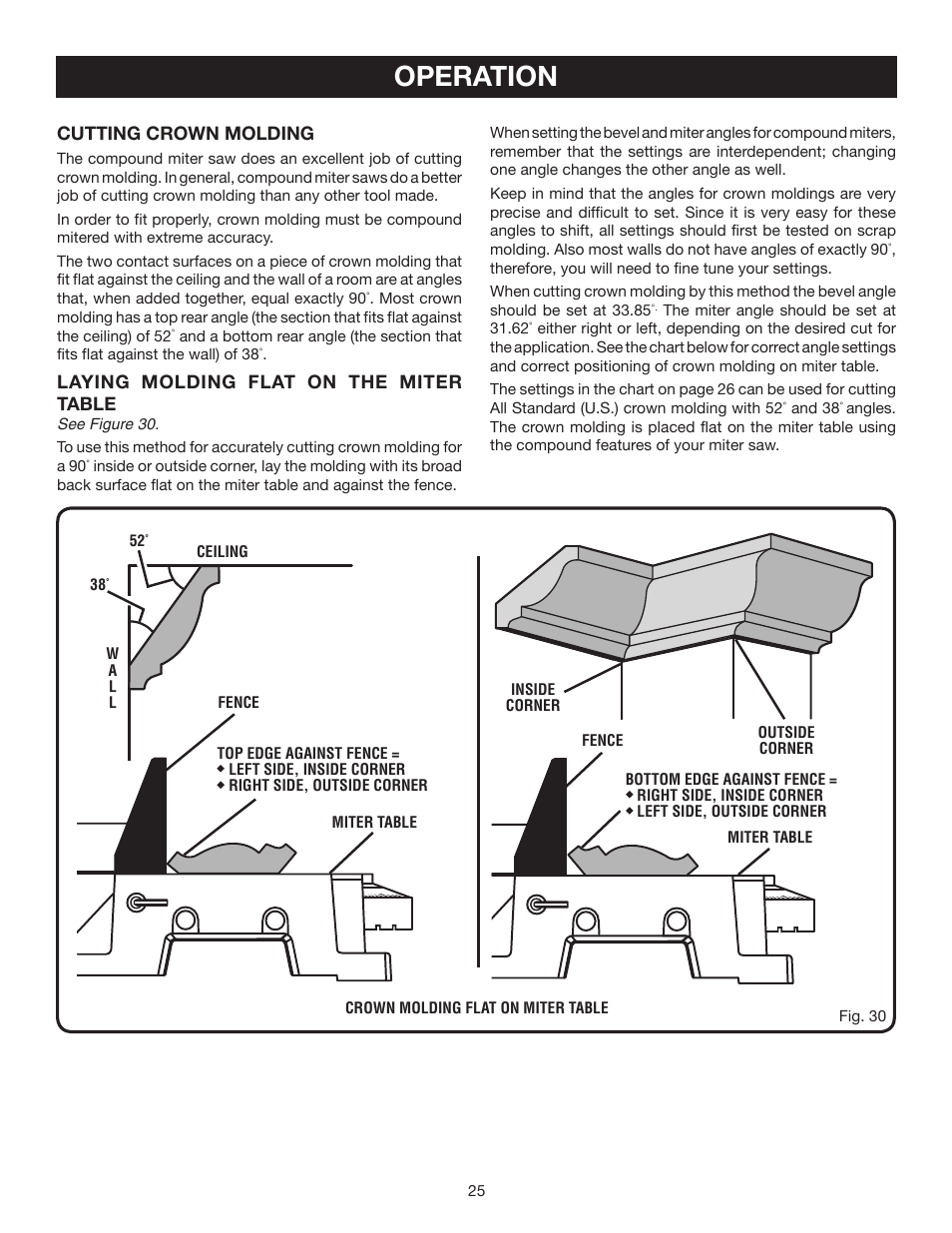 Operation, Cutting crown molding, Laying molding flat on the miter table | Ryobi ts1341 User Manual | Page 25 / 30