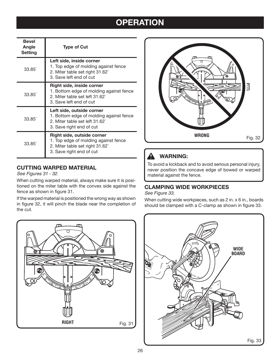 Operation, Warning, Clamping wide workpieces | Cutting warped material | Ryobi ts1341 User Manual | Page 26 / 30