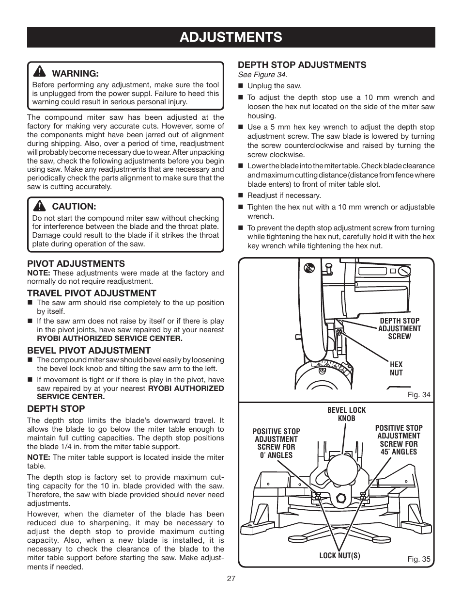 Adjustments | Ryobi ts1341 User Manual | Page 27 / 30