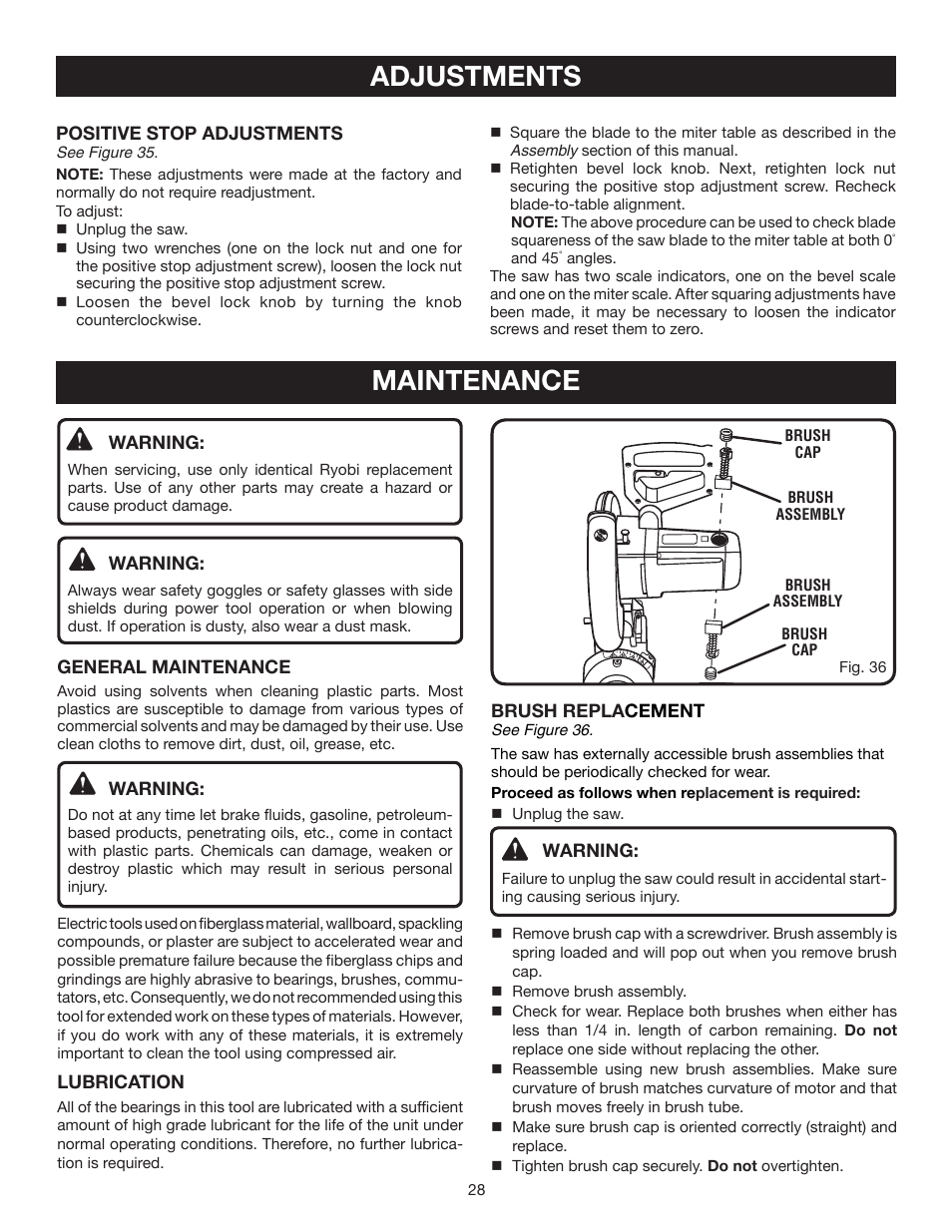 Maintenance, Adjustments | Ryobi ts1341 User Manual | Page 28 / 30