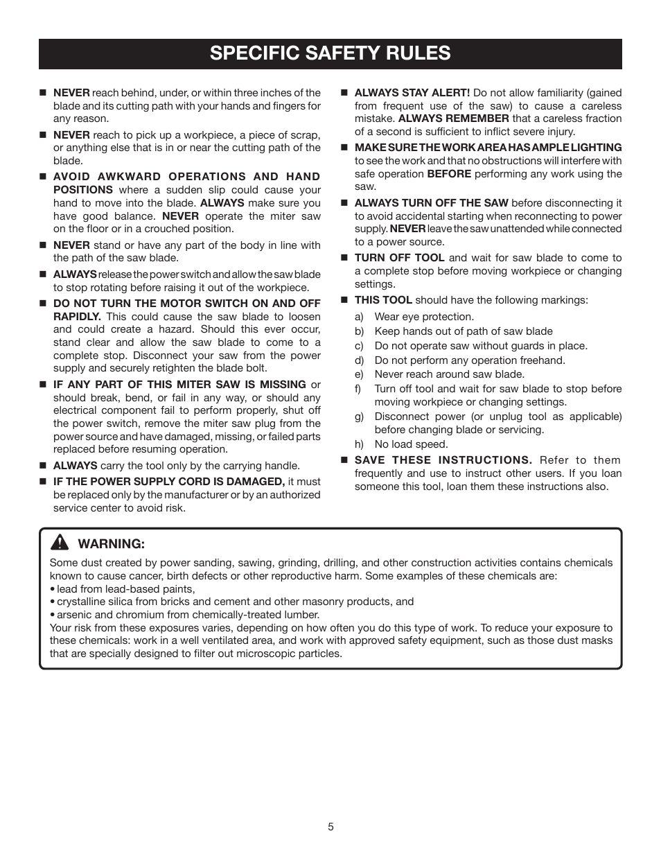 Specific safety rules | Ryobi ts1341 User Manual | Page 5 / 30