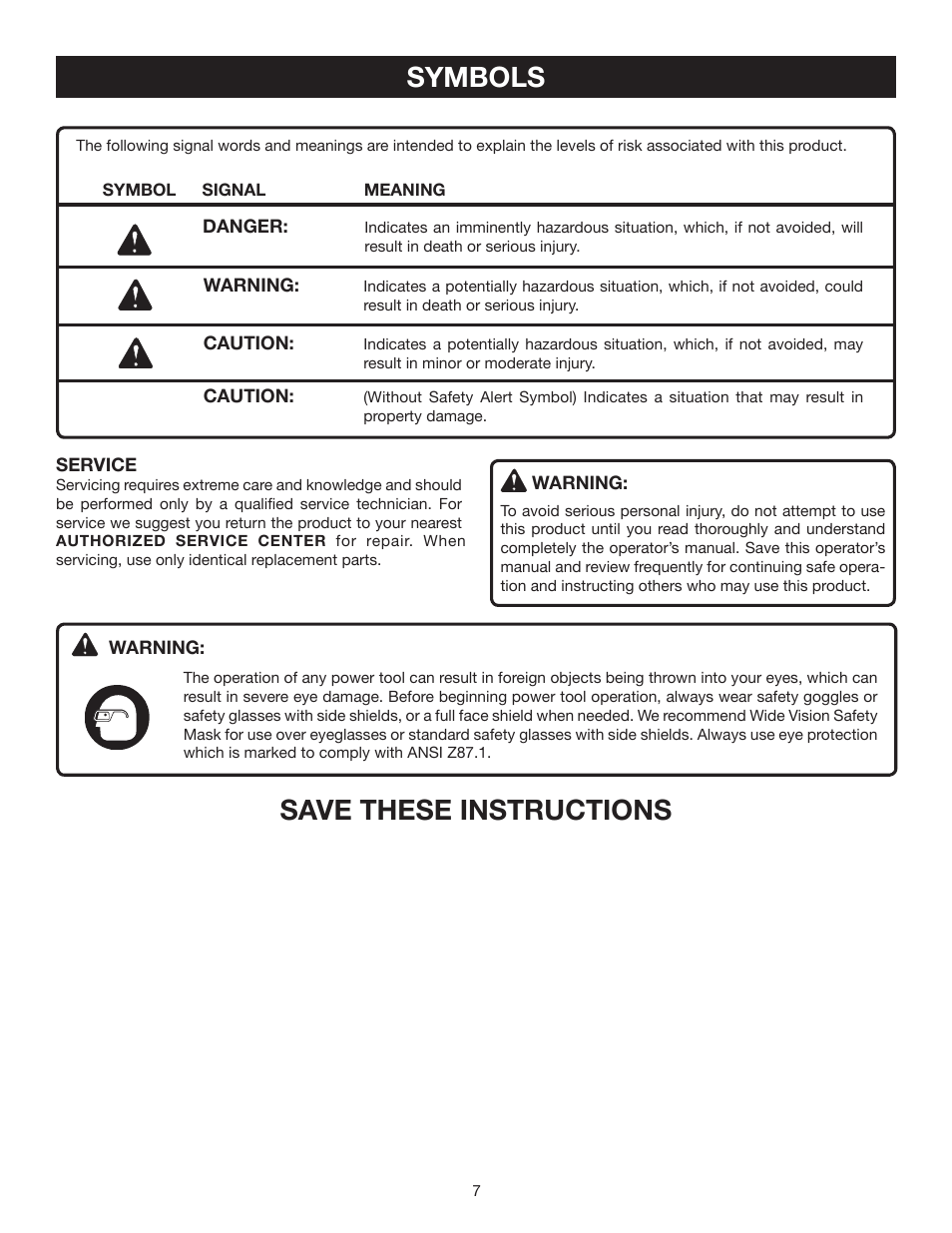 Symbols, Save these instructions | Ryobi ts1341 User Manual | Page 7 / 30