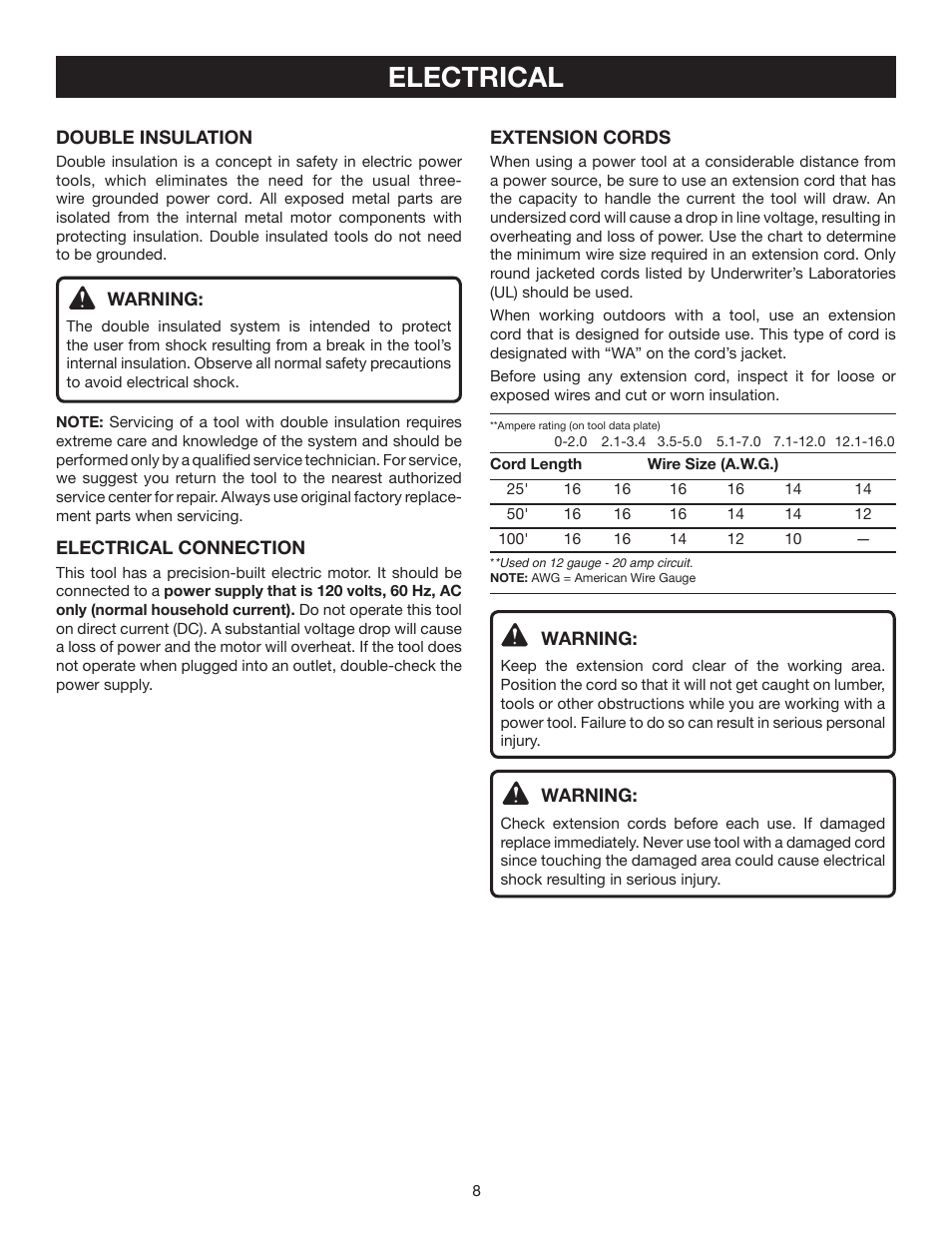 Electrical | Ryobi ts1341 User Manual | Page 8 / 30