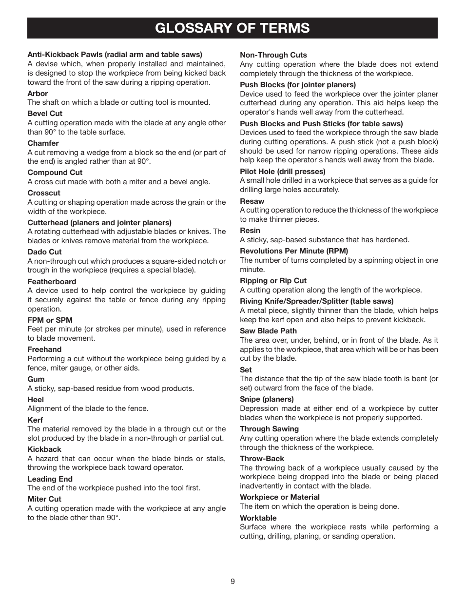 Glossary of terms | Ryobi ts1341 User Manual | Page 9 / 30