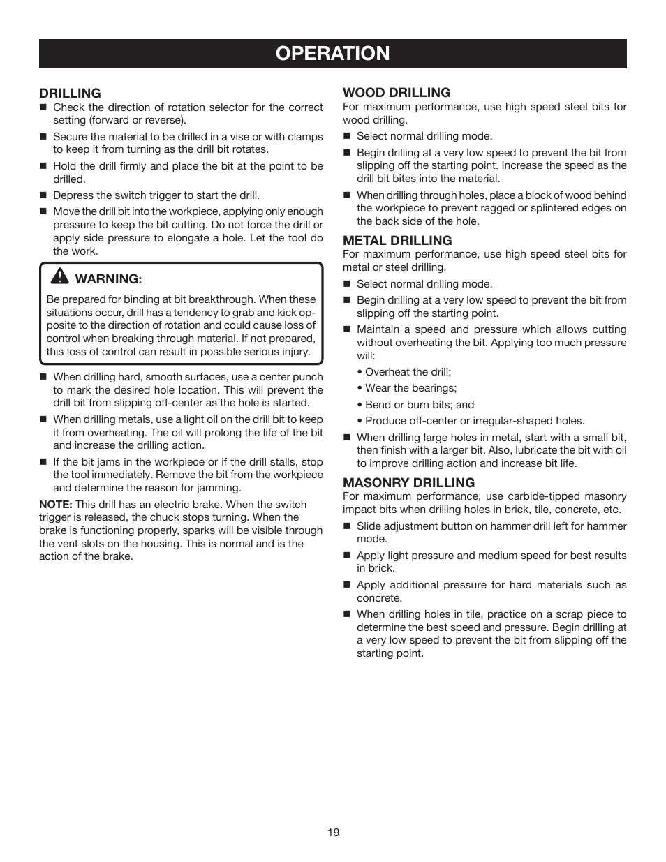 Operation | Ryobi P211 User Manual | Page 19 / 22