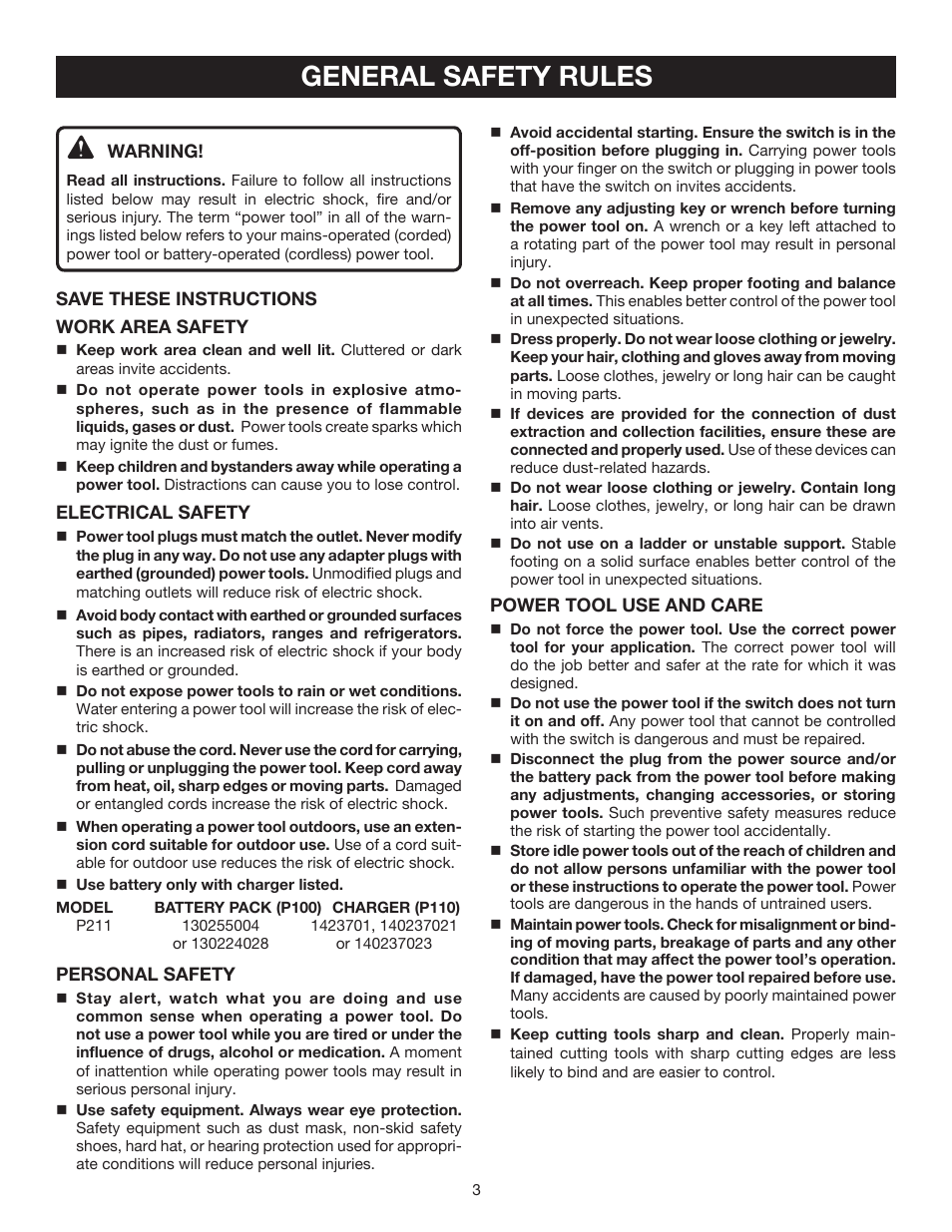 General safety rules | Ryobi P211 User Manual | Page 3 / 22